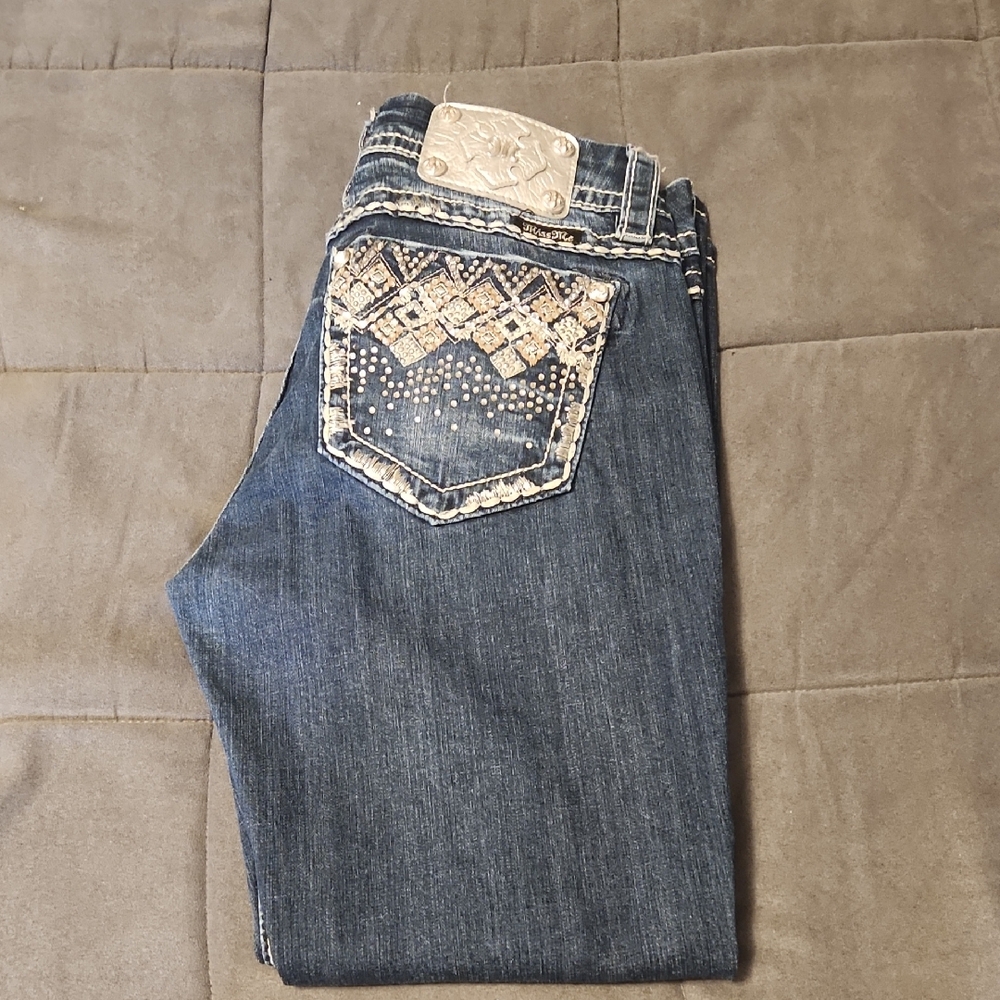 Miss Me Dark Blue Boot Cut Jeans with Silver Accents